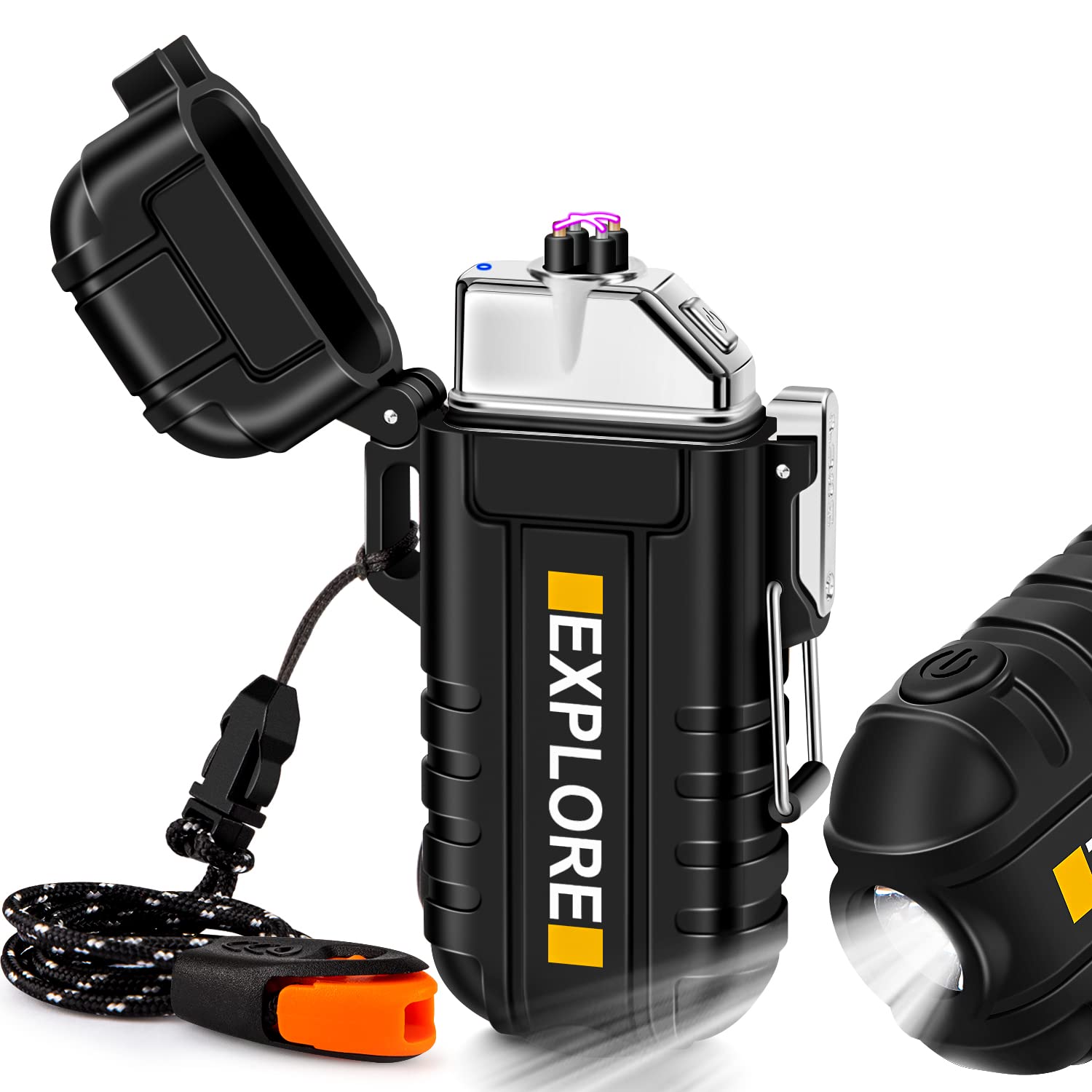 LcFun Waterproof Electric Dual Arc Lighter USB Rechargeable Outdoor Windproof Flameless Plasma Lighters for Camping, Hiking, Adventure, Survival Tactical Gear Gifts for Men